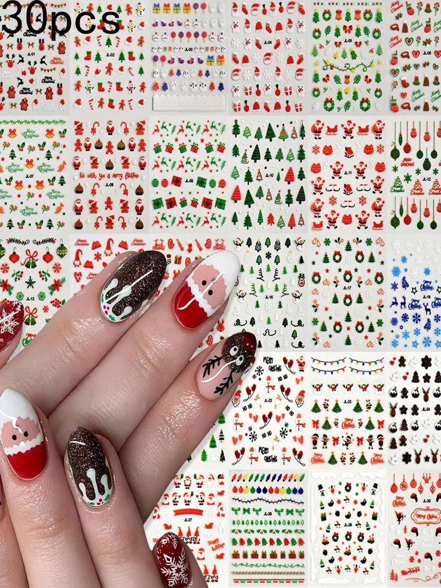 30 张圣诞美甲贴纸，30 件 3D 闪光自粘雪花雪人驯鹿铃铛指甲贴花，冬季指甲贴纸圣诞节圣诞树指甲装饰美甲用品 - 彩色的 - 查看 1