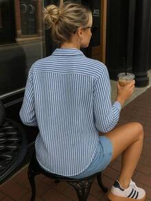 Linen Button Down Shirt Beach Cover Up Long Sleeve Striped Striped Polyester Button Holiday Daily Travel Summer - Navy Blue - View 2