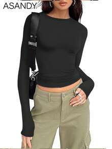 3pcs/Set Women Crew Neck Long Sleeve Solid Color T-Shirts, Slim Fit Casual Pullover Tops Spring - Black, White and Gray - View 8
