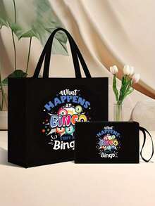 Túi vải lanh thời trang & Túi đựng mỹ phẩm - Sức chứa lớn, In họa tiết "Đêm Bingo" thời trang, Phù hợp để đi làm, đi học hoặc mua sắm, In chủ đề Chị em, Đồng nghiệp, Bạn bè Túi tote lớn - Sức chứa lớn Túi quà mở, Túi tote thời trang dành cho nữ có túi đựng mỹ phẩm, Lớp lót vải bền, Đã giặt, Cạnh chống dầu, (Hướng của dây túi nhỏ là ngẫu nhiên) - màu đen - Xem 6