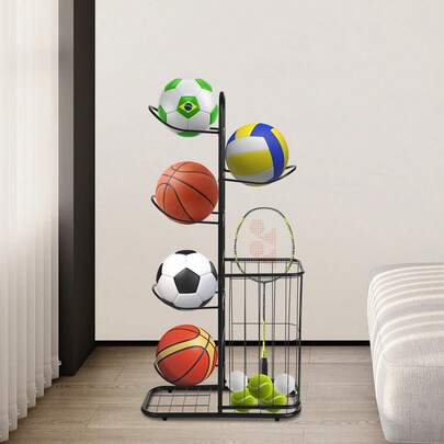 Estante de almacenamiento de baloncesto negro con cinco compartimentos para guardar equipo deportivo.