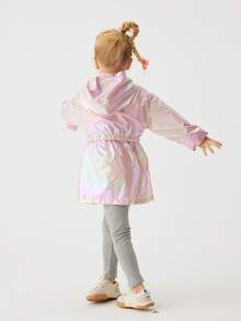 1pc Young Girl Casual Iridescent Hooded Spring/Autumn Jacket, Fashionable Mid-Length Unisex Bomber Coat, Versatile Outerwear