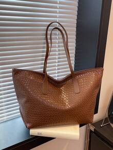 1 pieza Bolso de mano grande de unicolor de PU, bolso de hombro versátil de moda para ir al trabajo y de compras para mujeres