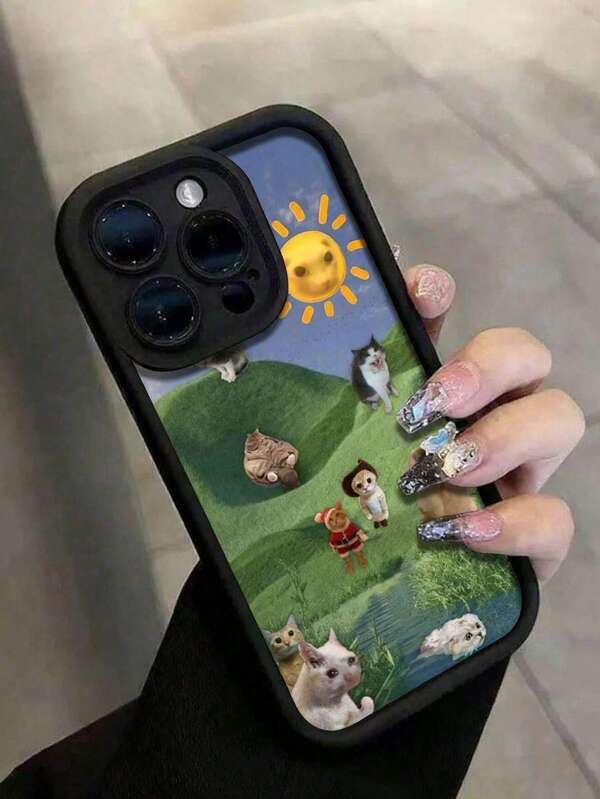 1 Stück kreative abstrakte Rasenmotiv Katze & Sonne Muster hochfeste TPU Handyhülle, geeignet als Urlaubsgeschenk kompatibel mit Apple XS/XS Max/XR/11 12 13 14 15 16 Pro/Pro Max/14 15 16 Plus/17 17 Air 17 Pro/Pro Max und andere Modelle