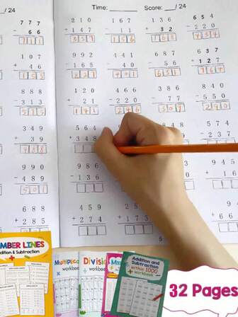 32-Page Addition, Subtraction, Multiplication And Division Practice Book, Math Workbook For Learning Math Within 1000, Math Practice Worksheets