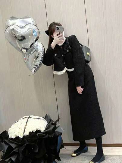 Temperament Lady Suit Skirt Women's Autumn And Winter French Style Luxury Wealthy Lady Temperament Celebrity Skirt Two-Piece Suit