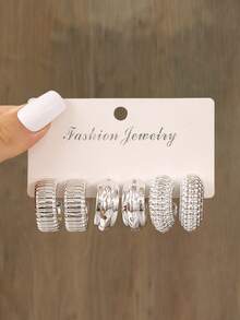 18-6pcs Elegant CCB Hoop Earrings Set, Asymmetrical Triangle, Water Drop, C-Shaped Design Earrings, Daily Wear Ear Jewelry, Holiday Gift - Silver - View 13