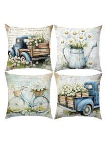 4pcs Vintage Watercolor Daisy Truck Bicycle Pillow Case Set, Single-Sided Soft Peach Velvet Fabric, 40*40/45*45/50*50CM Cushion Cover Suitable For Indoor Decor, Party, Gift - Multicolor - View 10