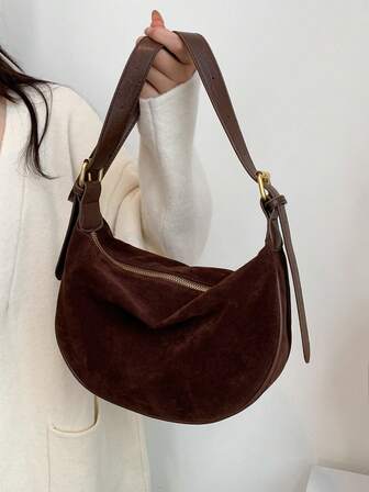 2025新款时尚洋包女韩版百搭休闲麂皮磨砂小众单肩腋下斜挎包复古风（无吊坠）