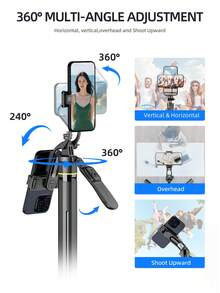 TOKQI Palo de selfie extendido 3 en 1 con apertura automática, trípode con control remoto Bluetooth, soporte de teléfono giratorio 360° desmontable con luz de relleno, estabilizador portátil de acero inoxidable para grabación al aire libre, vlogs de viaje, filmación de video