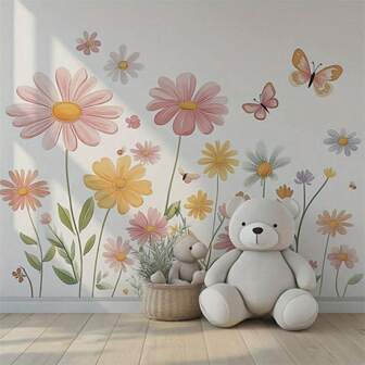 2 piezas Calcomanías de pared florales coloridas - Pegatinas de vinilo contemporáneas con flores y mariposas en rosa, melocotón, amarillo, azul y verde - Decoración extraíble y autoadhesiva para salas de estar, dormitorios o paredes del hogar, decoraciones florales