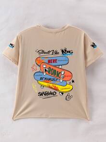 Tween Boy Skateboard Print Crew Neck T-Shirts Summer Boy's Casual Tee Soft Tops