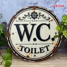 1 件 2D 平面复古圆形金属牌 - 2D 印刷，乡村风格卫生间（厕所）装饰牌，饰有精致花卉图案，适用于家居、咖啡馆、农舍、花园墙面装饰、花园标牌 | 复古风格标牌 | 做旧表面，复古装饰 - 彩色 - 查看 8