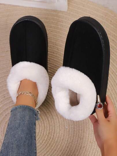 Herfst/Winter Mode Casual Effen Kleur Pluche Voering Geïntegreerde Gesloten Teen Pantoffels, Platform Dikke Bodem Warme Dameslaarzen, Geschikt Voor Woonkamer, Slaapkamer, Thuiskantoor, Kerstmis