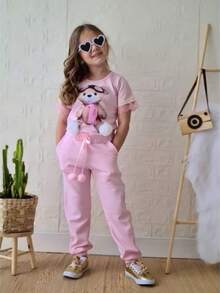 Conjunto Feminino Infantil de Menina Calça e Blusa Moda Verão Estampa Ursinho Cadarço Pompom - Rosa Bebê - Visão 1