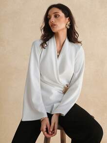 Women Elegant Commuter Solid Color Cross Neckline Metal Detail Long Sleeve Shirt