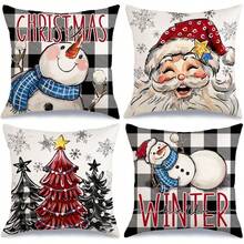 4PCS Christmas Decorative Pillow Cover, Featuring Santa Claus, Snowman, Christmas Tree, Hello Winter, Snowflakes, Festive Cottage Decor, Suitable For Home Decoration, Single-Sided, Pillow Insert Not Included