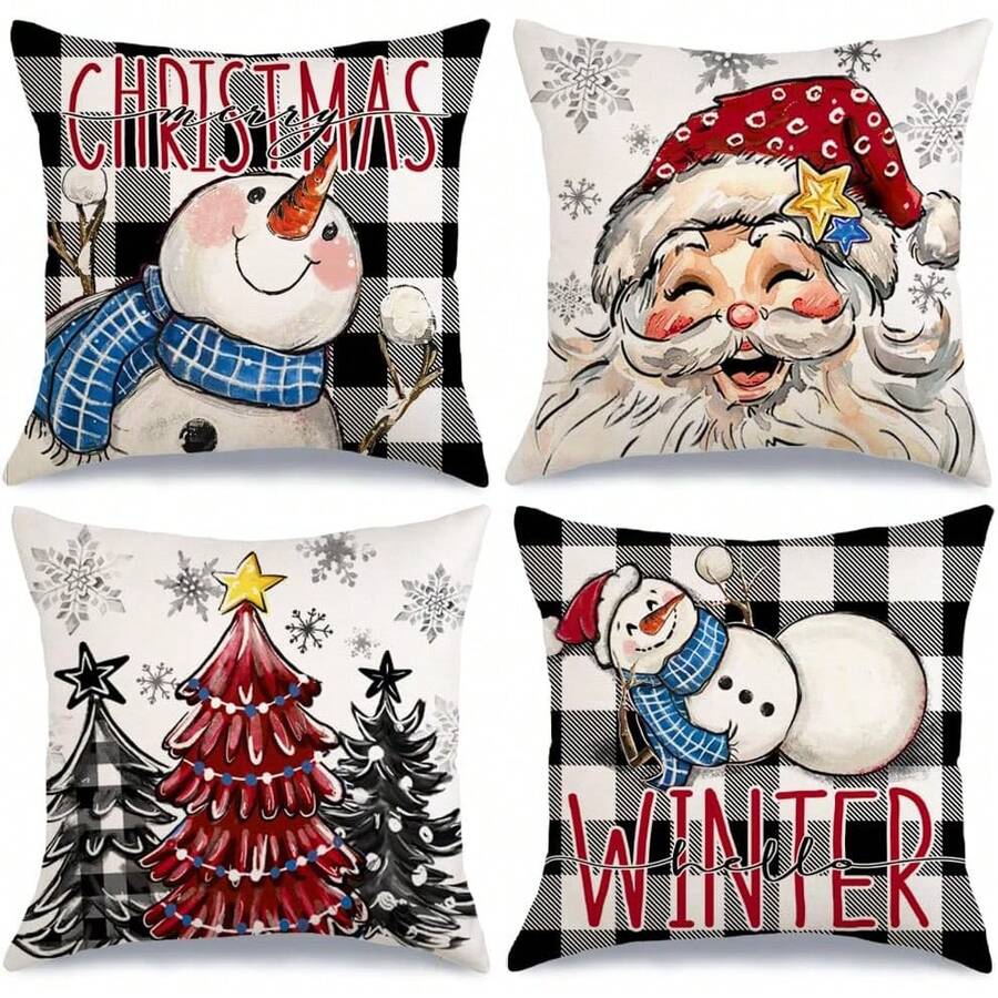 4PCS Christmas Decorative Pillow Cover, Featuring Santa Claus, Snowman, Christmas Tree, Hello Winter, Snowflakes, Festive Cottage Decor, Suitable For Home Decoration, Single-Sided, Pillow Insert Not Included