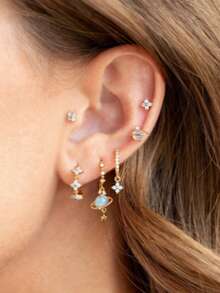 6 Pieces Of Exquisite Little Flower Planet Cute Sweet Girl Temperament Gentle Style Copper Earrings Set For Women - Vàng - Xem 1