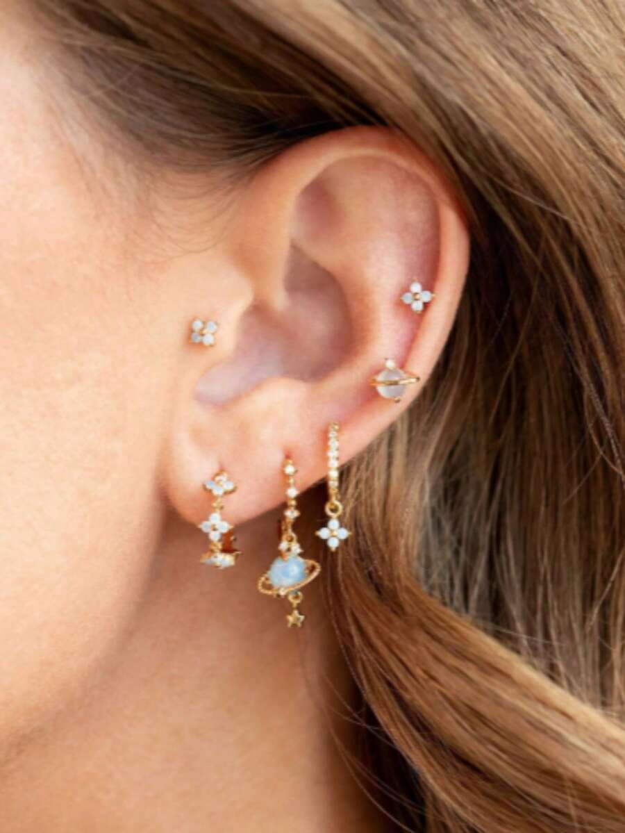 6 Pieces Of Exquisite Little Flower Planet Cute Sweet Girl Temperament Gentle Style Copper Earrings Set For Women - Vàng - Xem 1