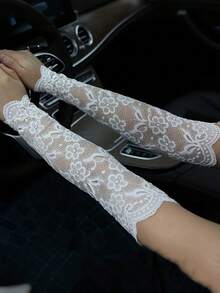 1 Pair Of Women's Dark Black Lace Long-Sleeved Arm Sleeves - Lightweight, Breathable, Elastic. Suitable For Outdoor Cycling, Driving And Summer Activities. Fashionable And Comfortable Fingerless Gloves. Style. - Multicolor - View 5