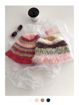 拼色条纹毛绒帽，大头围，冬季保暖女士针织帽，防风登山帽，修饰小脸，仿貂皮草衬里针织渔夫帽，拼色保暖内衬手工钩针编织便帽，柔软小巧