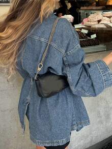 Fashionable & Elegant Women's Denim Jacket With Bowknot Waist Design, Loose Fit Casual Spring - Medium Wash - View 4