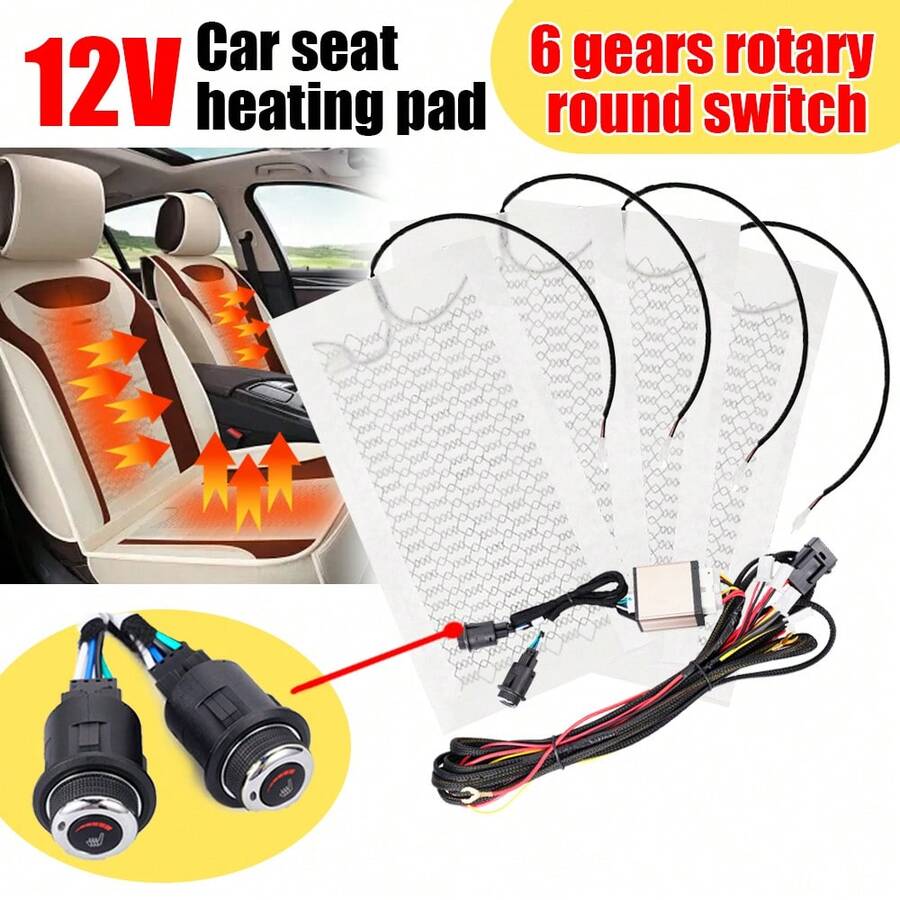 4 件碳纤维汽车座椅加热垫，内置加热器，带 6 级温控旋钮，适合 2 个座椅 - 白色 - 查看 1