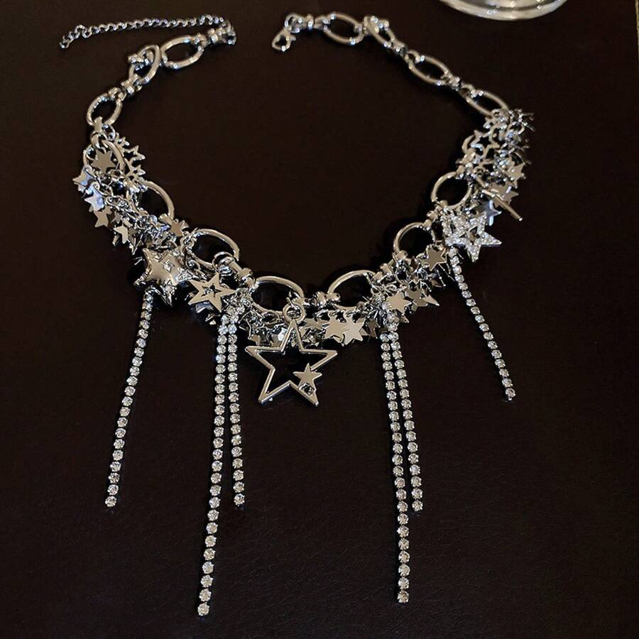Inlaid Diamond Star Sequin Hollow Tassel Necklace European And American Style Niche Collarbone Chain Light Luxury Versatile Sweet Cool Style Necklace - Dây chuyền - Bạc - Xem 1