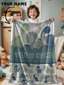 1pc Customizable Text, Dinosaur Pattern, Memorial Blanket, Suitable As Girl, Boy, Adult, Valentine's Day, Lightweight, Baby Blanket, Personalized Throw Blanket, Personalized Photo Blanket, Personalized Baby Blanket, Newborn Blanket, Suitable For Mother's Day, Birthday, Children's Day,Back To School Fashion