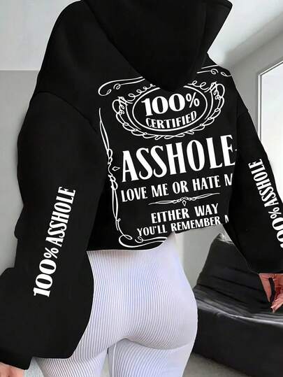 Plusstorlek Dam Slogan Tryck Nedsänkta Axlar Långärmad Avslappnad Lös Termofodrad Hoodie, Höst/Vinter