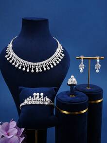 5-częściowy luksusowy błyszczący zestaw biżuterii z perłami syntetycznymi i cyrkoniami sześciennymi, w tym naszyjnik, kolczyki, pierścionek, bransoletka, odpowiedni dla kobiet na ślub, urodziny, święta, imprezy i inne okazje. - Biały - Zobacz 8