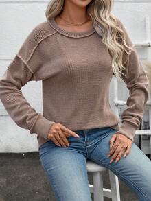 Women's Ribbed Knit Dropped Shoulder Long Sleeve Top, Crew Neck Solid Color Pullover Sweater, Casual Versatile Long Sleeve Shirt For Autumn/Winter, Suitable For Daily/Commute Wear