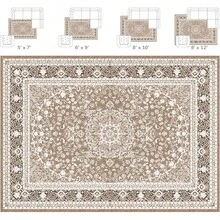 Washable Area Rug 5x7 - Soft Faux-Wool Area Rug Living Room Bedroom, Boho Vintage Floral Medallion Non-Slip Low Pile, Pet Friendly, Blue White - 棕色白色 - 查看 2