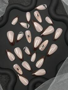 Halloween Nail Art Get Glamorous With 24 Medium To Long Nail Presses, Classic And Minimalist Almond Nail Tips, Brown French Tip Nails, Black Bat And Spider Patterns, Brown Spider Web Design, Dark And Quirky Nail Art, Got Style Almond Nails, Suitable For Girls And Women's Daily Life, Halloween, Parties And Dances, Nail Supplies - Multicolor - View 3