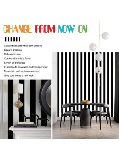 Roll Moderne Minimalist Zwart Wit Gestreepte Removable Wallpaper, Self Adhesive Vinyl Contact Paper Living Room, Bedroom, Office, Kitchen, Bathroom, Furniture Renewal, Desk, Wardrobe Edging Wand Stickers Room Wallpaper Peel Stick view 8