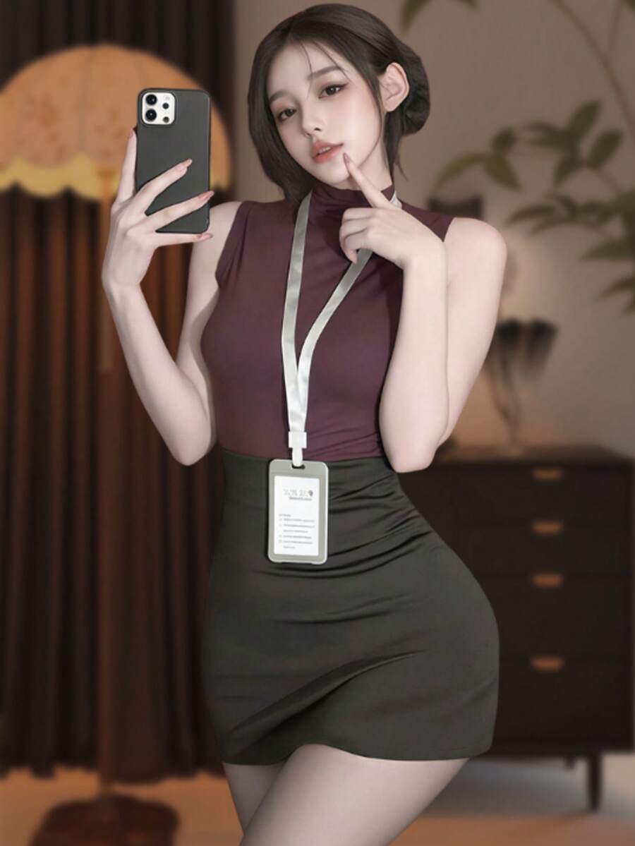 Secretary See-Through Blouse, Suit, Collared Bottoms, Bag, Hip Skirt, Professional Shirt, Cosplay, Sexy Pajamas, Sexy Underwear, See-Through, Cup Dress, Cosplay, Cabaret Dress, Seductive Cosplay, COS, Passionate Uniform Set - New Secretary-dark Gray [Top + Skirt + Bra + T-back] - View 1