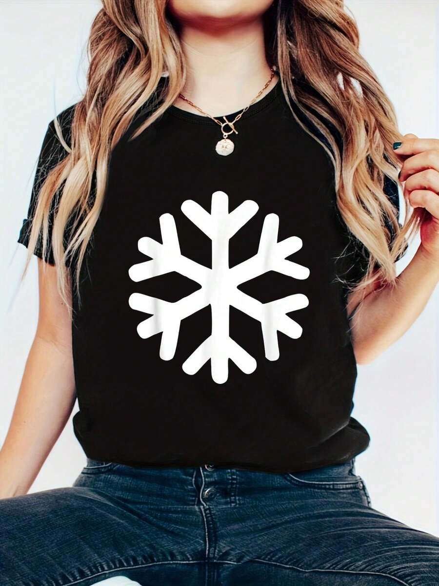 Camiseta de la Fiesta de la Nieve de Sapporo de Japón con copos de nieve - Camiseta impresa con letras de Feliz Navidad y copos de nieve, 100% algodón, top de mujer de otoño y Navidad - Gris - Ver 1