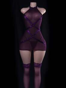 DOMIRA Adjustable Straps Teddy Bodysuit With Sheer Mesh Panels, Sexy & Flattering Cut, S-3XL - 紫色 - 查看 2