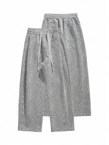 Men's Vintage Textured Wide-Leg Pants With Contrasting Woven Drawstring Waist, Draped Loose Fit Casual Trousers For Fall Daily Wear, Street Style And Outdoor Activities, Versatile Spring & Autumn Pants - 白灰色 - 查看 4