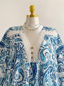 Rusttydustty 波西米亚风优雅花卉蕾丝拼接长袖宽松休闲连衣裙，度假休闲连衣裙 - 綠色 - 查看 3