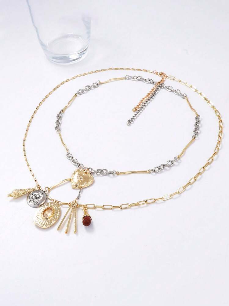 1 件复古奢华高端设计双层链条分层心形和几何吊坠项链，适合女士休闲装 - 鏈條項鍊 - 查看 3