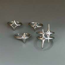VKHK 4pcs/Set Adjustable Star Shaped Ring Set, Suitable For Women & Men, Everyday & Party Wear, Gift - Silver - View 3