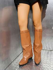 Ghete de damă maro cu vârful ascuțit și toc gros, cizme la modă cu cataramă înaltă, pantofi eleganți fără mâneci pentru toamnă/iarnă