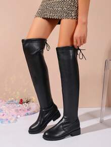 Botas Over-The-Knee com Cadarço Femininas, Moda Outerwear Outono/Inverno, Botas Tipo Montaria de Envernar, Couro PU Preto, Tubo Reto Bico Redondo, Botas de Haste Longa Afunilada