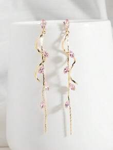 "1 Pair Elegant Luxury Leaf, Star & Water Drop Tassel Pendant Earrings – Long Style, Perfect For Daily Wear, Weddings, And Formal Events, Available In White, Black, Pink, Green, Blue, Multi-Color" - 粉色 - 查看 7