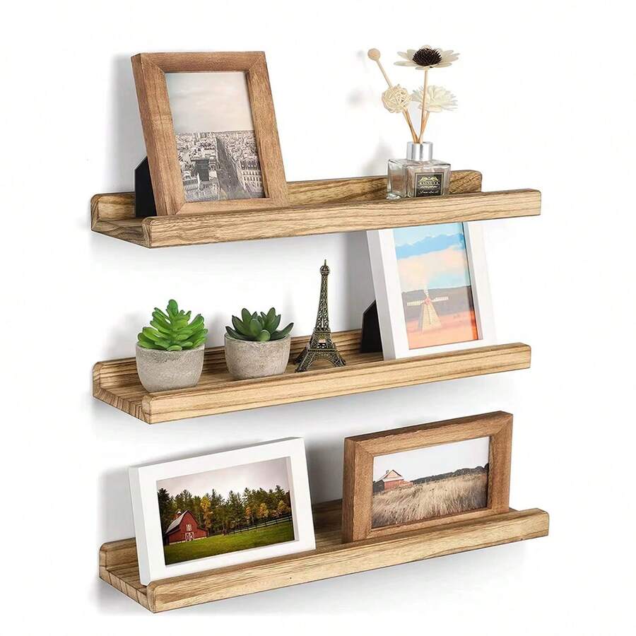 2/3 Stück Rustikale Wandregal aus Massivholz – Freistehendes Design ohne sichtbare Halterungen, Naturholzoptik für Wohnzimmer, Schlafzimmer, Badezimmer, Büro – Bilderrahmen-Display, Gewürzregal, Hängeregal, Badezimmer Organizer Regal, Pflanzenaufbewahrung, Vintage Regal, hochwertige Handwerkskunst - Braun - Übersicht 1