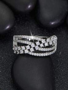 1pc Cross Design Square Zirconia Ring, Valentine's Day Gift For Women