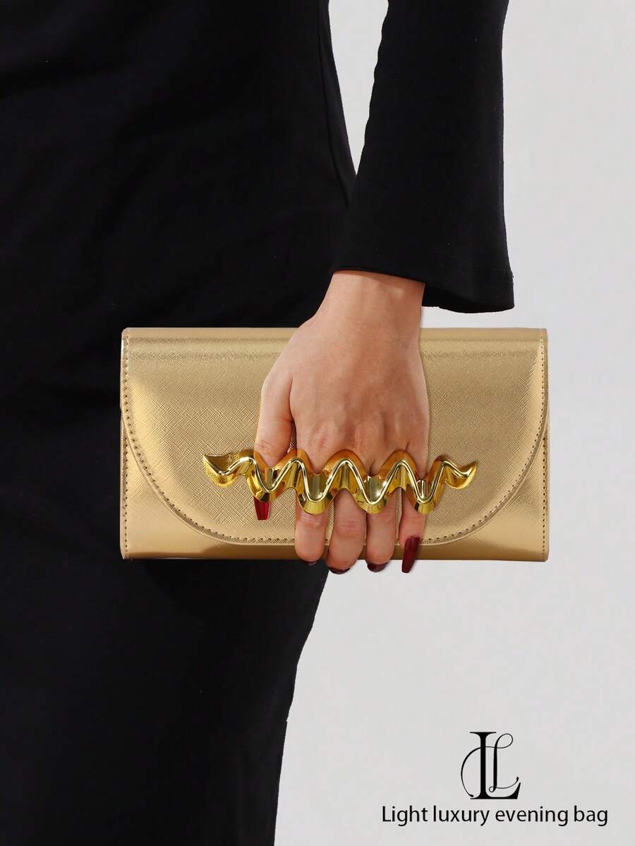 1 件女士时尚复古金属手柄晚装手拿包，简约金属波浪手拿包，带金属细节装饰，可拆卸金属链肩带，适合婚礼、派对、舞会、夜总会、正式场合