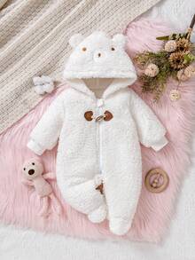 1pc Newborn Baby Hooded Romper, Soft Plush Fabric, Dual-Zipper & Button Design, Cute Bear Style, Long Sleeve Footed Jumpsuit, Comfortable For Infant